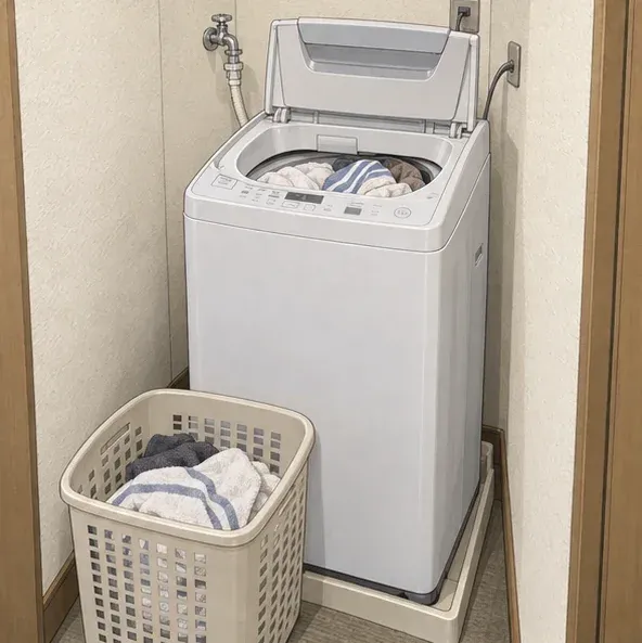 室内の洗濯機置き場にある縦型洗濯機と洗濯かごのイラスト